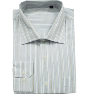 Camisa de algodão azul com listras brancas e cinza
