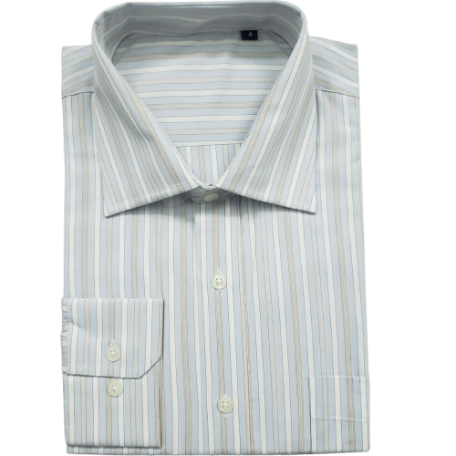 Camisa de algodão azul com listras brancas e cinza