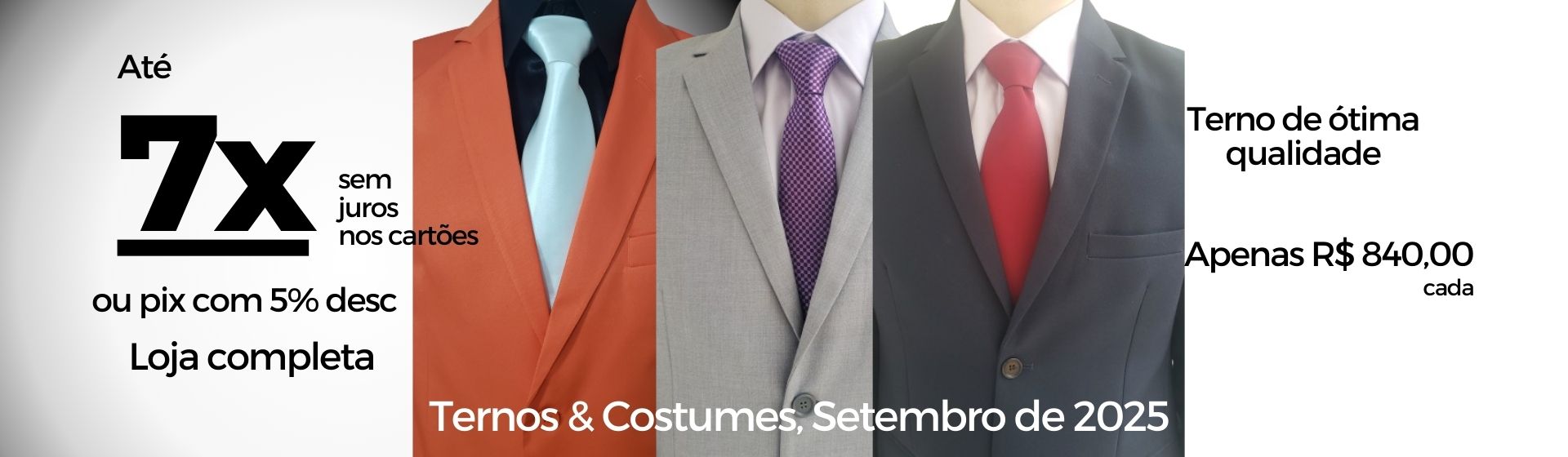Ternos brancos e coloridos. Loja roupas masculinas completas de todos os tamanhos e plus size